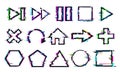 Glitch buttons. Music and game control icons with distorted effect. Play, stop or pause and rewind, refresh