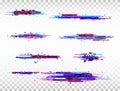 Glitch color elements set. Digital noise abstract design. Color pixel glitch. Modern bug effect. Noise texture. Vector