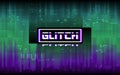 Glitch concept. Purple and green distortion with stereo effect text. Abstract vertical lines. Random color pixels