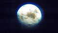 Glitch cyberpunk Moon or planet in Cosmos Universe. Wind blue aura effect illustration of apocalyptic earth or planet acid