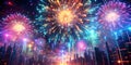 Glitch-effect fireworks exploding in digital universe Royalty Free Stock Photo