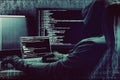 Glitch effect. Hacker working on a code on dark digital background with digital interface around. Royalty Free Stock Photo