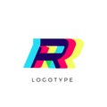 Glitch effect letter R, colored spectrum overlay effect. Vector slant symbol for cyber sport, racing, automotive and