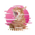 Glitch effect. Portrait of yawing red cat