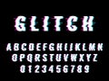 Glitch font. Broken effect letters and numbers, distorted latin alphabet with digital interference and bias, old game or Royalty Free Stock Photo