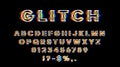 Glitch font with distortion 3D effect. English letters, numbers and symbols with glitch effect. Yellow, red and blue Royalty Free Stock Photo