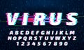 Glitch font. Letters and numbers with digital noise. Distorted alphabet typeset with tv signal glitches Royalty Free Stock Photo
