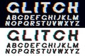 Glitch font set. Glitched sans-serif font with distortion. Vector alphabet with broken pixel.