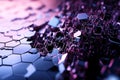 A glitch-inspired 3D background where hexagonal patterns distort and disassemble, revealing
