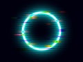 Glitch neon circle with color distortions. Illuminated round element. Futuristic bright ring with geometric shapes