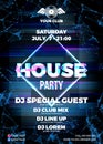 Glitch party poster with blue background and diamond for House party nights