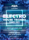 Glitch party poster with blue background and square for electro, house and techno rave club nights