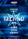 Glitch party poster with blue background and star for techno