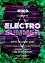 Glitch party poster with purple background and star for techno rave summer club nights