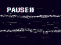 Glitch pause with symbol on dark background. Retro VHS backdrop. Abstract white distortions. Video cassette effect