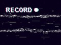 Glitch record with white distortions on black background. VHS concept with abstract geometric shapes. Retro camera