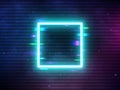 Glitch retro square. Glowing neon shape on cosmic backdrop. Retro template with digital glitches. Futuristic space