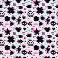 Glitch seamless pattern with video games element. Gamer vector background. Futuristic texture with glitchy effect.