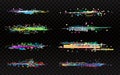 Glitch set on dark background. Collection of color distortions. Data error templates. Random color pixels and shapes