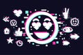 Glitch style illustration with scartoon face. Emoji vector icon. Social media background. Royalty Free Stock Photo