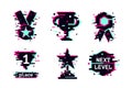 Glitch style vector awards. Cyber sport trophy icons set. Computer game achievement.