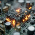 Glitch technology concept. 3D render depicting a corrupted circuit board with a central component engulfed in flames and digital Royalty Free Stock Photo