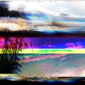 Glitched illustration. Random digital signal errors in front of nature landscape. Trendy computer graphic for poster, pos