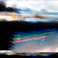 Glitched illustration. Random digital signal errors in front of nature landscape. Trendy computer graphic for poster, pos