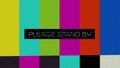 Glitched transmission, distorted noisy signal of SMPTE color bars a television screen test pattern with the text