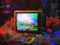 A glitched video screen showing an old computer game, with distorted pixelated frames Royalty Free Stock Photo