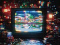 A glitched video screen showing an old computer game, with distorted pixelated frames Royalty Free Stock Photo