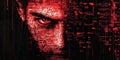 Glitching computer code with fragmented pixels, neon red error messages, and corrupted data streams