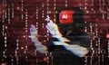 Glitching corrupted AI system hacked on red matrix background