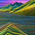 A glitchy abstract landscape of mountains and valleys, with pixels and lines breaking apart and reassembling4, Generative AI
