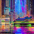 A glitchy, pixelated landscape of neon buildings and electric skies3, Generative AI