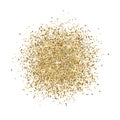 Glitter background. Gold glitter splash on white background. Bright dust sparkle. Golden design for card, web banner