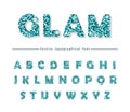 Glitter confetti blue font isolated on white. Glamour alphabet for Valentine s day, birthday design. Girly.