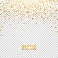 Glitter confetti. Gold glitter falling on transparent background. Christmas bright shimmer design. Glowing particles effect for lu