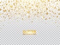 Glitter confetti. Gold glitter particles falling on transparent background. Christmas bright shimmer design. Glowing