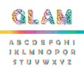 Glitter confetti multicolored font isolated on white. Glamour alphabet for Valentine s day, birthday design. Girly.