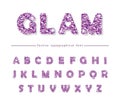 Glitter confetti purple font isolated on white. Glamour alphabet for Valentine s day, birthday design. Girly.