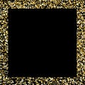 Glitter frame. Gold square border on black background. Christmas backdrop with copy space. Golden magic confetti wallpaper.