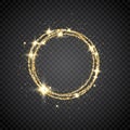 Glitter gold circle frame with space for text. Sparkling golden frame on transparent background. Bright glittering star Royalty Free Stock Photo