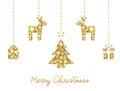 Glitter gold hanging christmas tree, deers, house, gift box. Unique hand lettering Merry Christmas. Sparkling holiday