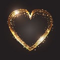 Glitter gold heart frame with space for text. Heart with golden light. Happy Valentines Day card with glowing heart. Royalty Free Stock Photo