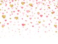 Glitter gold and pink hearts background. Valentines Day design element. Bright doodle heart confetti. Romantic wallpaper Royalty Free Stock Photo