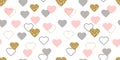 Glitter gold and pink hearts seamless pattern. Celebration frame. Valentines Day background. Bright doodle heart Royalty Free Stock Photo