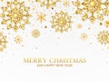 Glitter gold snowflakes and falling particles on white background. Merry Christmas and Happy New Year banner. Luxury Royalty Free Stock Photo