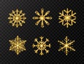 Glitter gold snowflakes set on transparent background. Sparkling golden snowflake with glitter texture. Christmas and