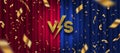 Glitter gold versus logo, golden confetti on red and blue curtain background. VS logo for games, battle, performance, show, match,